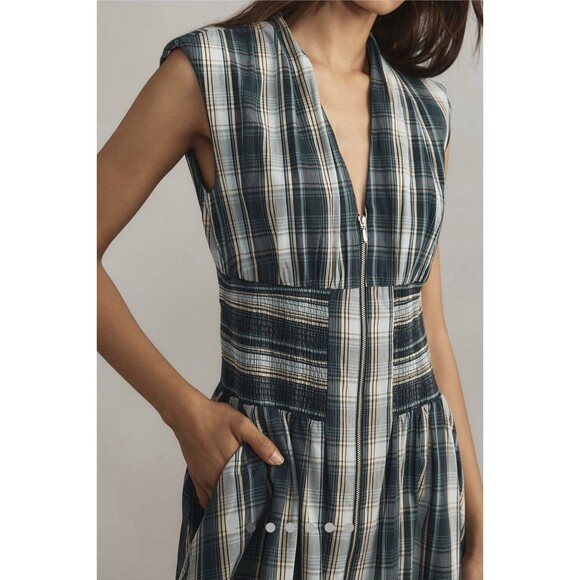 Anthropologie Tommie Cap Sleeve Smocked Front Zip Dress. Sz PXS Blue NWT - Picture 3 of 9